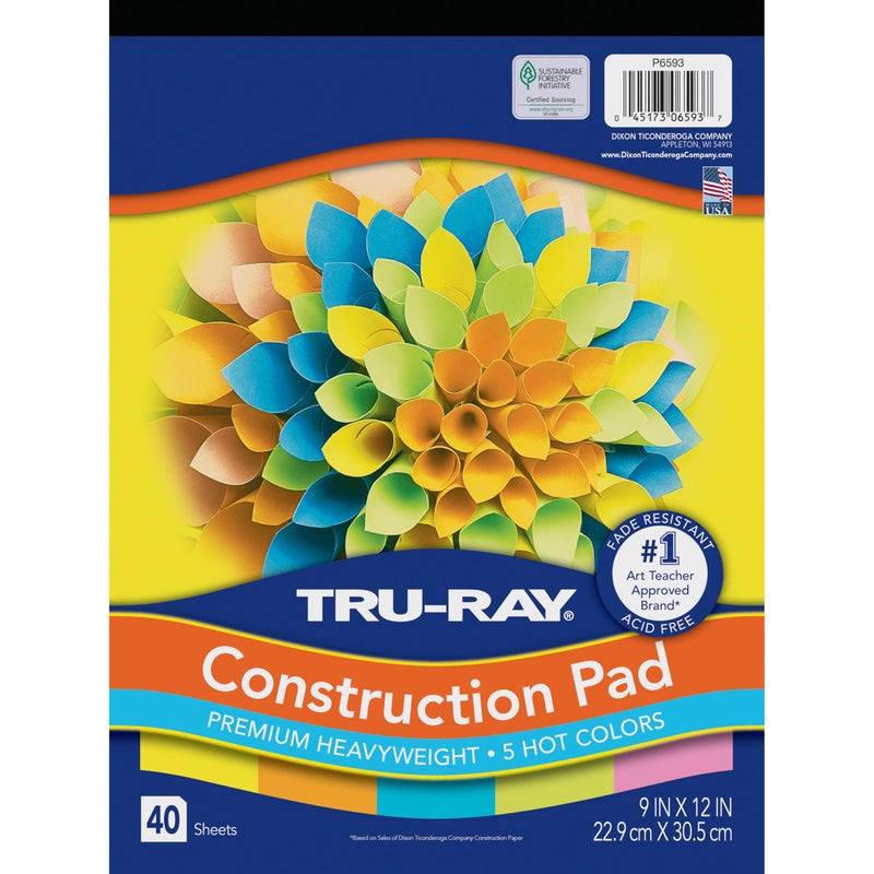 TRU-RAY دفتر ورق بناء ثقيل Tru-RayÂ®، 5 ألوان ساخنة متنوعة، 9" x 12"، 40 ورقة - Image 1